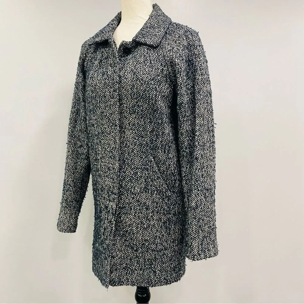 JACK WILLS 2 Womens Navy Blue Fuzzy Wool Tweed Herringbone Pea Coat Academia